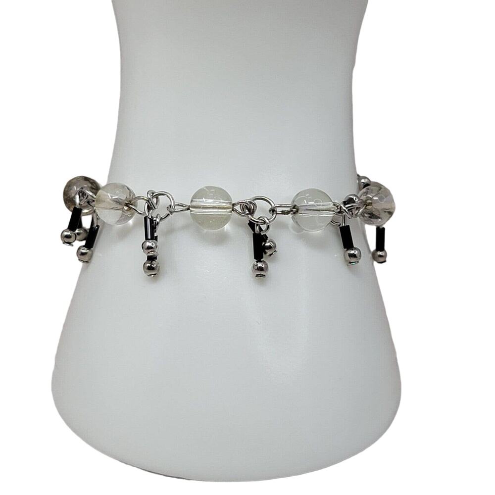 Dangle Fringe Bracelet Silvertone Black Bar Charms Clear Beads Adj 6" to 8"